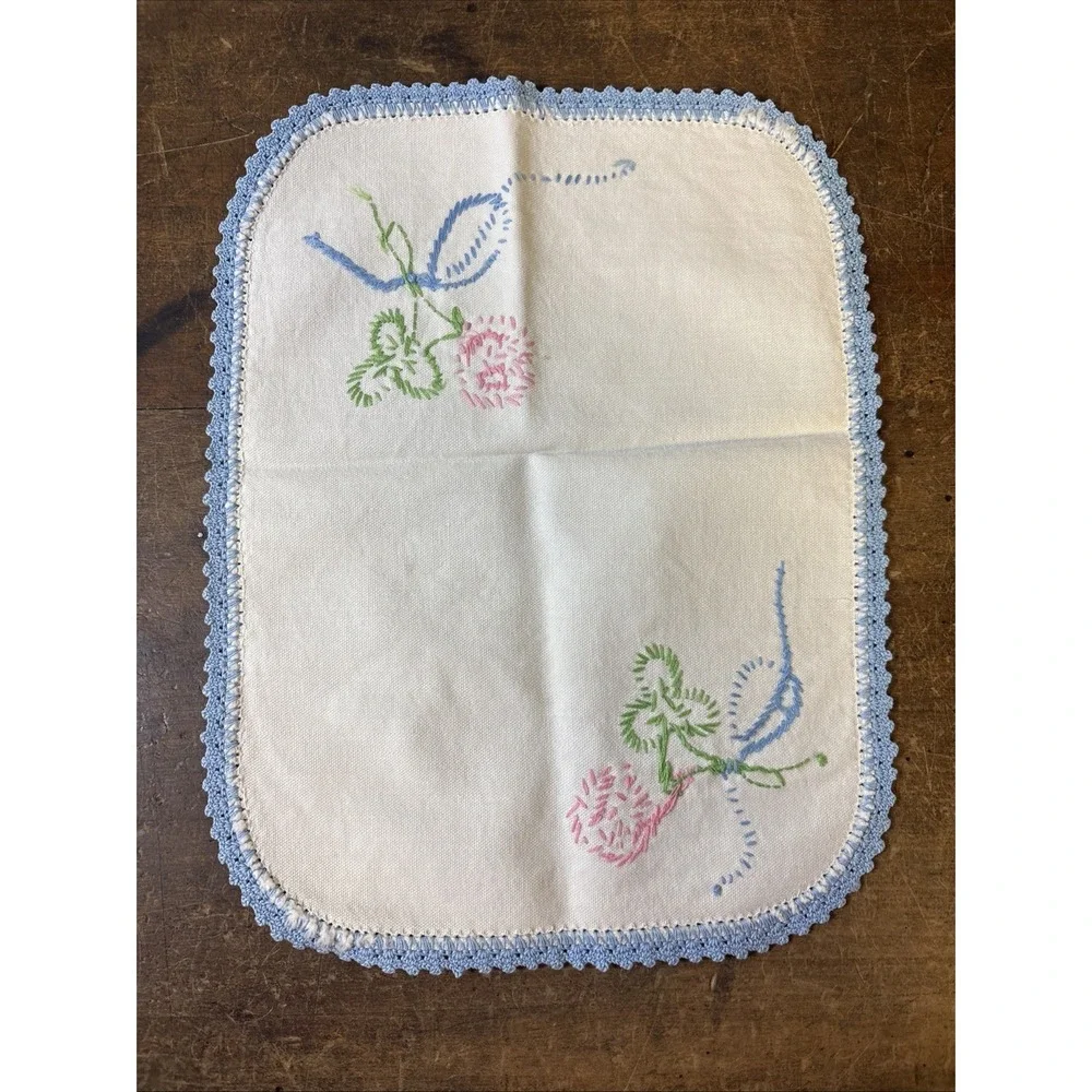 Set Hand Embroidered Dresser Set Doily's Crochet Border Blue Pink Flowers